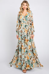 Mint Green Floral Chiffon Wrap Front V-Neck Long Sleeve Maternity Maxi Dress