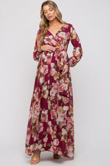 Burgundy Floral Chiffon Wrap Front V-Neck Long Sleeve Maternity Maxi Dress