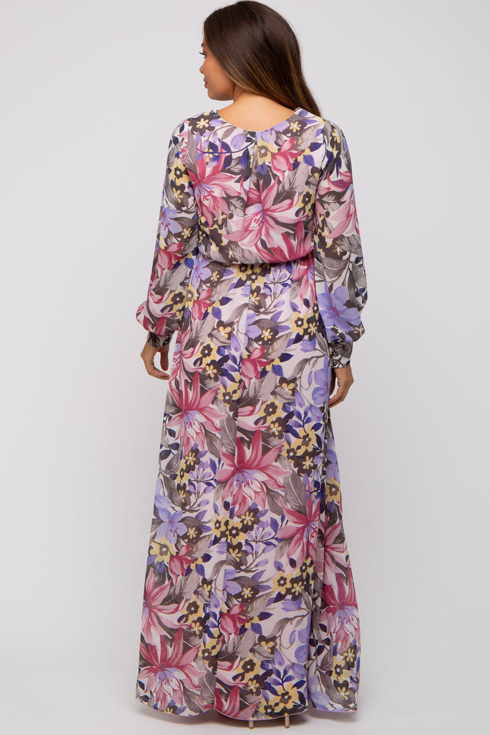 Mauve Floral Chiffon Wrap Front V-Neck Long Sleeve Maternity Maxi Dress