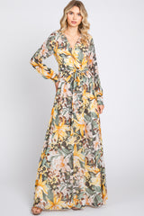 Yellow Floral Chiffon Wrap Front V-Neck Long Sleeve Maxi Dress