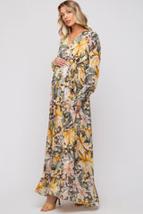 Yellow Floral Chiffon Wrap Front V-Neck Long Sleeve Maternity Maxi Dress