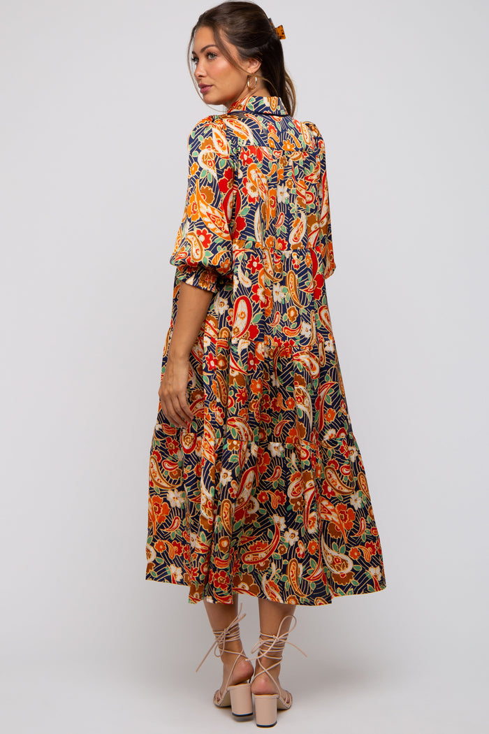 Navy Multicolor Floral Paisley Maternity Tiered Dress