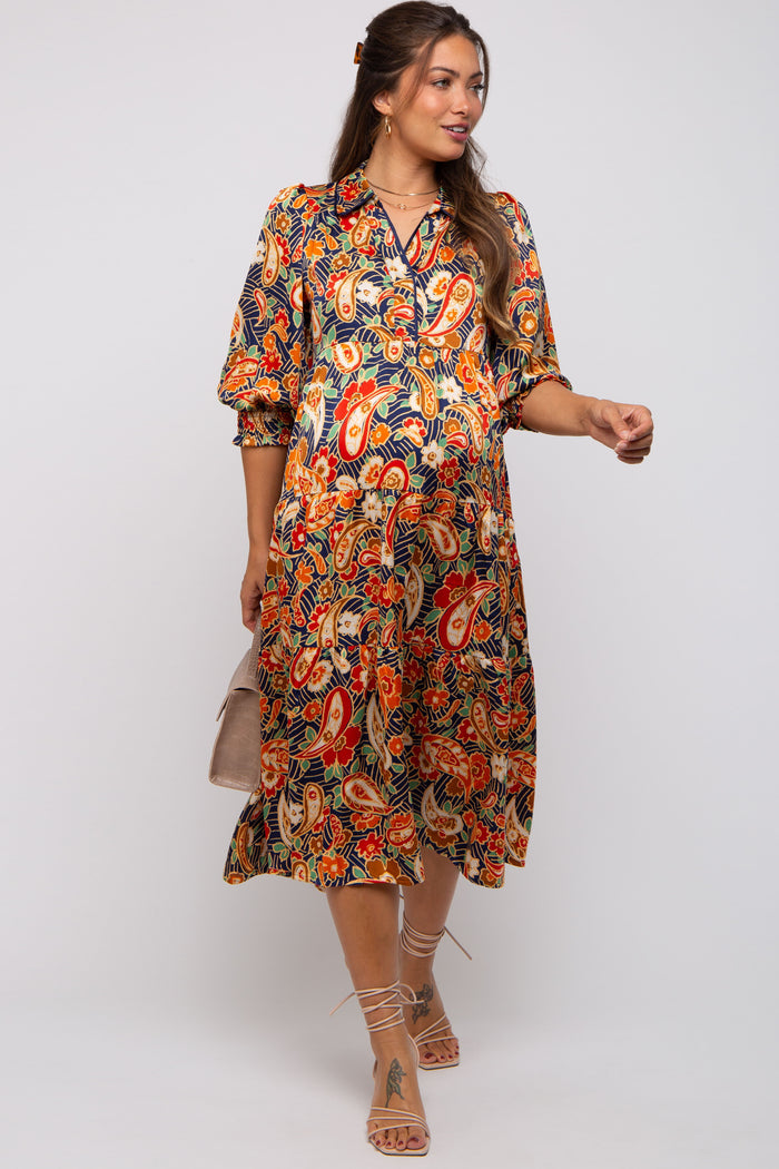 Navy Multicolor Floral Paisley Maternity Tiered Dress