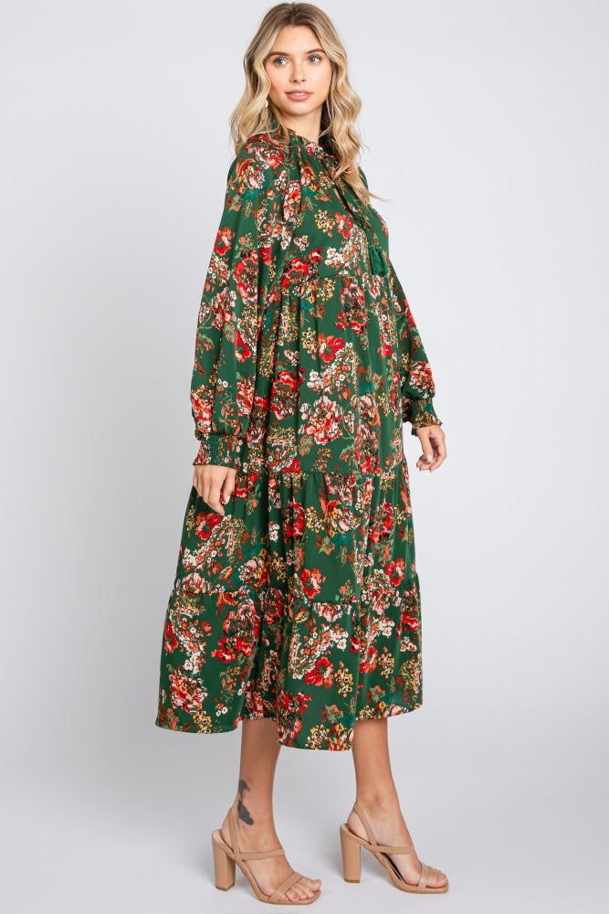 Forest Green Floral Ruffle Neck Tiered Midi Dress