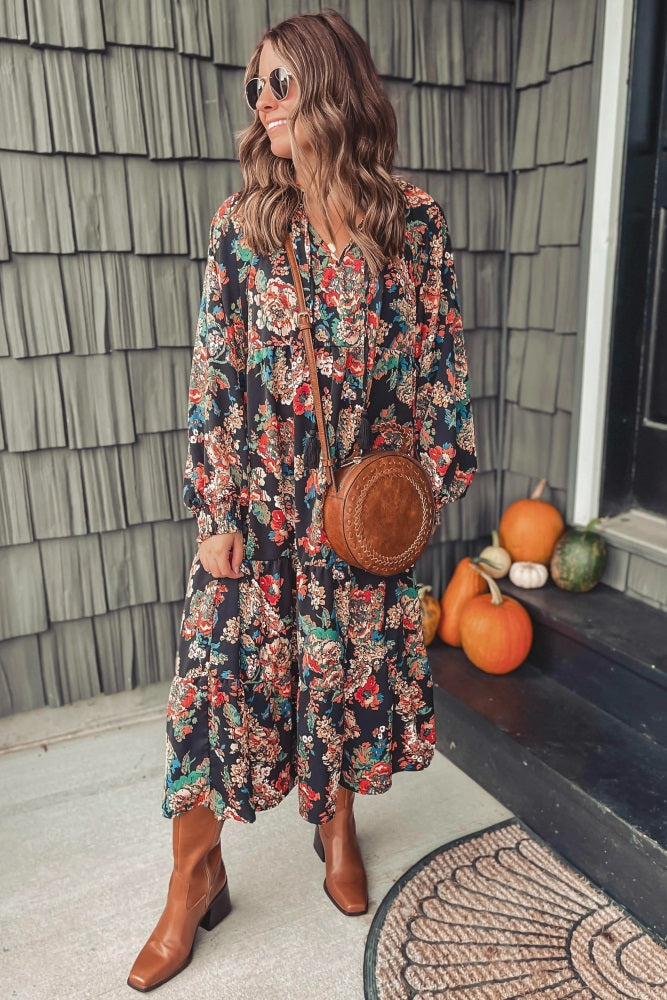 Black Floral Ruffle Neck Tiered Maternity Midi Dress