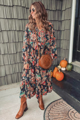 Black Floral Ruffle Neck Tiered Maternity Midi Dress