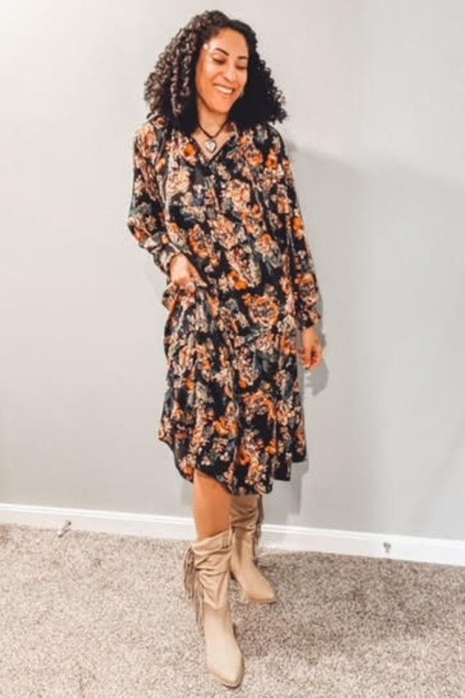 Black Floral Ruffle Neck Tiered Midi Dress