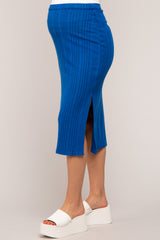 Royal Blue Soft Knit Ribbed Side Slit Maternity Midi Skirt