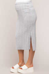 Heather Grey Soft Knit Ribbed Side Slit Maternity Midi Skirt