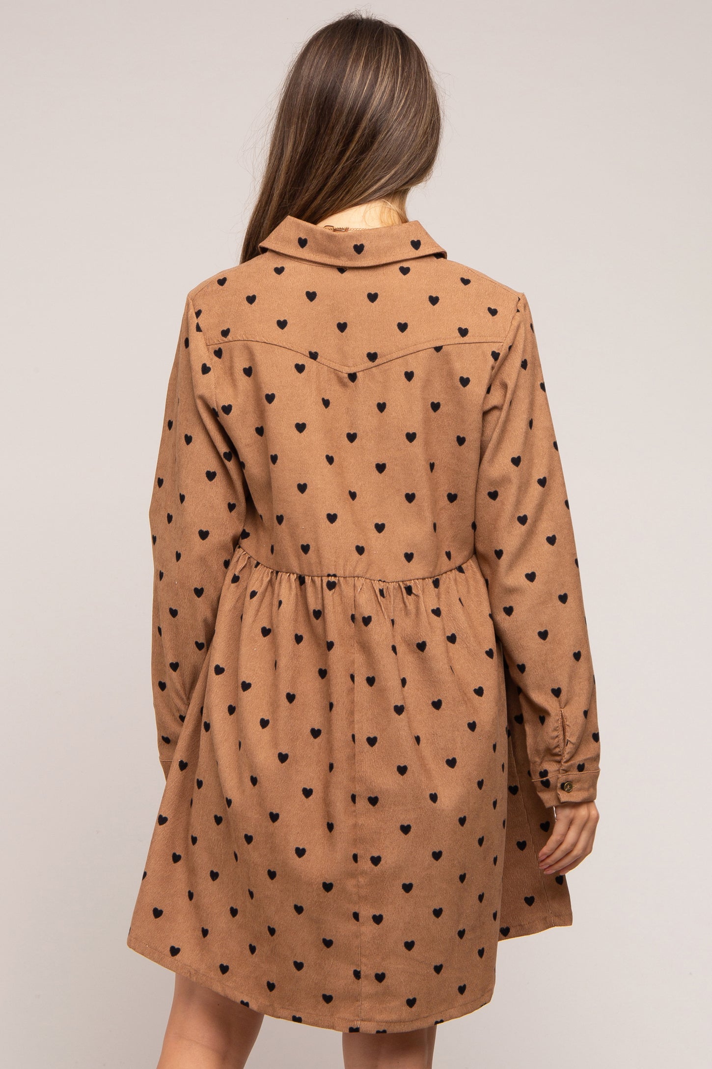 Mocha Heart Print Corduroy Maternity Button Up Dress