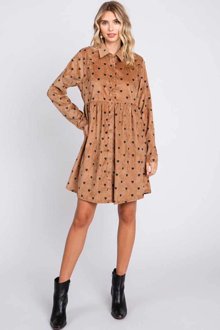 Mocha Heart Print Corduroy Button Up Dress