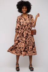 Brown Floral Collared Tiered Maternity Midi Dress