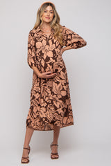 Brown Floral Collared Tiered Maternity Midi Dress