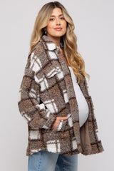 Brown Plaid Sherpa Maternity Jacket