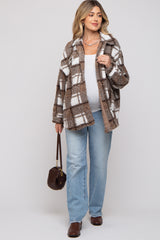 Brown Plaid Sherpa Maternity Jacket