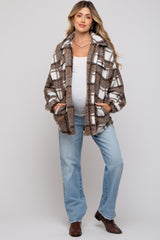 Brown Plaid Sherpa Maternity Jacket