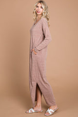 Mocha Heathered Pocketed Long Sleeve Maxi Dress