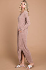 Mocha Heathered Pocketed Long Sleeve Maxi Dress