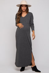 Charcoal Heathered Pocketed Long Sleeve Maternity Maxi Dress