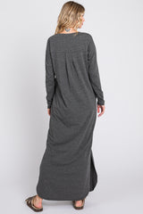 Charcoal Heathered Pocketed Long Sleeve Maxi Dress