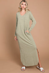 Light Olive Heathered Pocketed Long Sleeve Maxi Dress