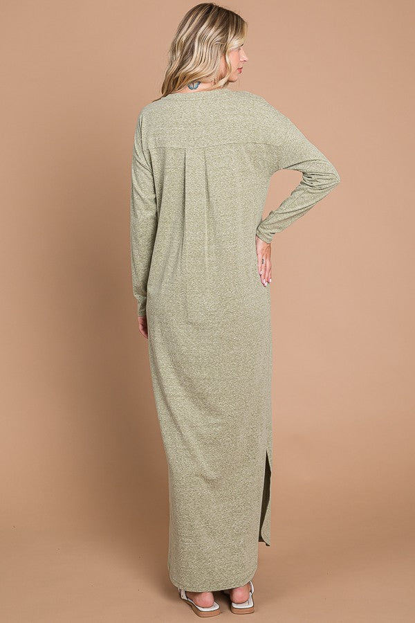 Light Olive Heathered Pocketed Long Sleeve Maxi Dress