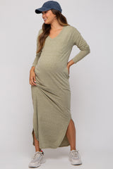 Light Olive Heathered Pocketed Long Sleeve Maternity Maxi Dress