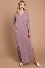 Plum Heathered Pocketed Long Sleeve Maxi Dress