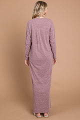 Plum Heathered Pocketed Long Sleeve Maxi Dress