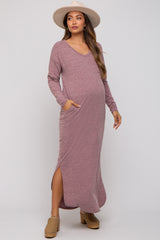 Plum Heathered Pocketed Long Sleeve Maternity Maxi Dress