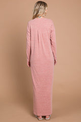 Pink Heathered Pocketed Long Sleeve Maxi Dress