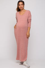 Pink Heathered Pocketed Long Sleeve Maternity Maxi Dress