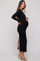 Black Ribbed Long Sleeve Maternity Maxi Dress