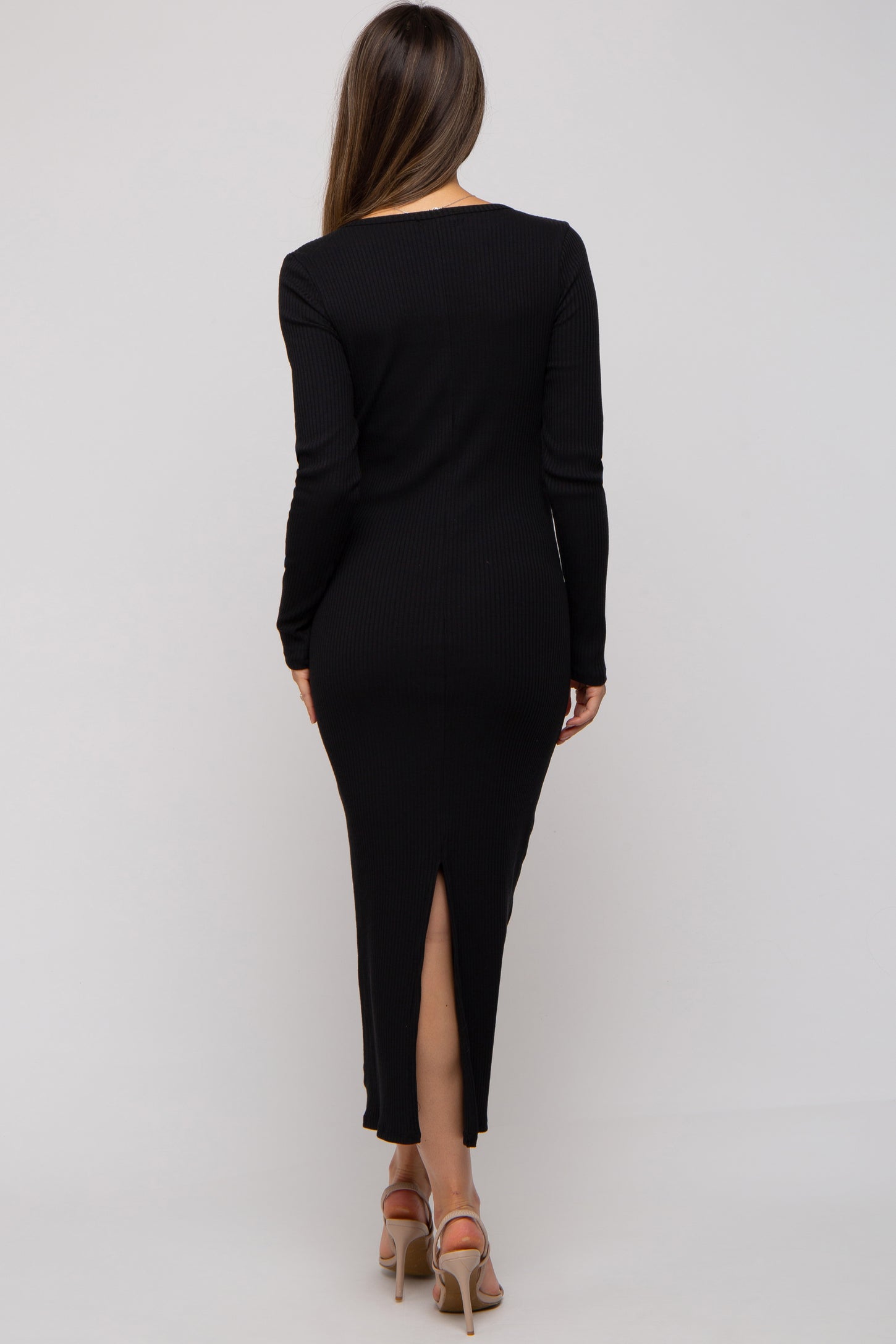 Black Ribbed Long Sleeve Maternity Maxi Dress