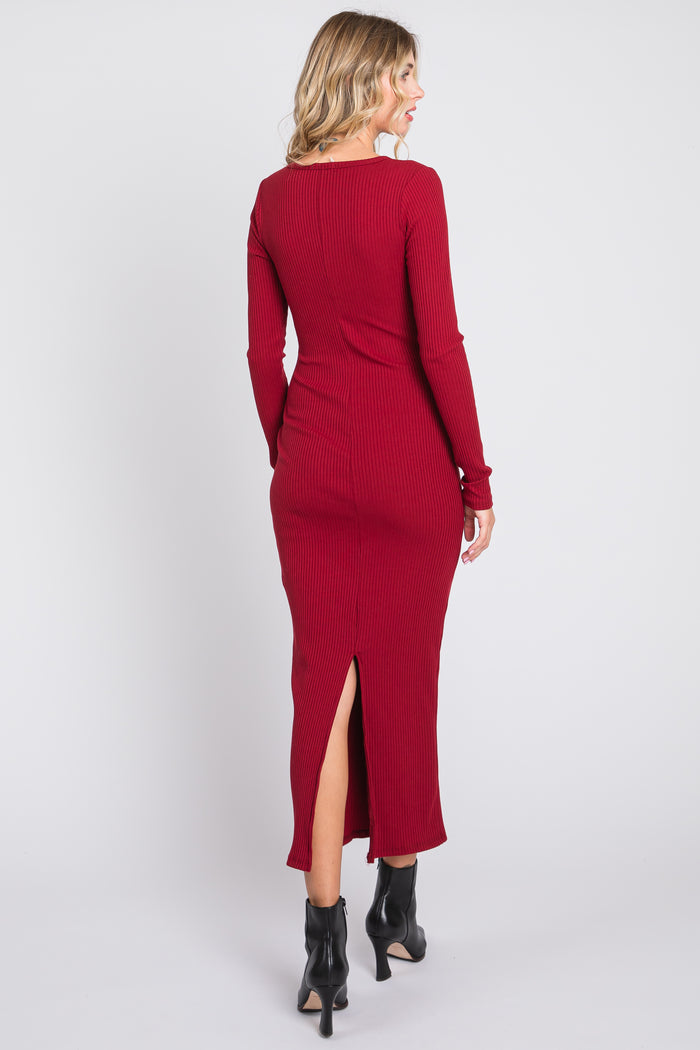 Burgundy Ribbed Long Sleeve Maxi Dress