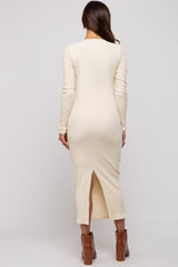 Cream Ribbed Long Sleeve Maternity Maxi Dress