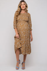 Camel Floral Smocked 3/4 Sleeve Maternity Midi Dress