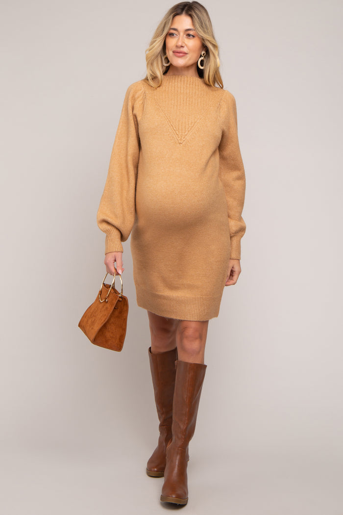 Camel Chunky Knit Maternity Sweater Dress
