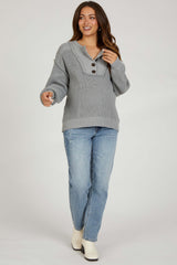 Grey Front Button Knit Maternity Sweater