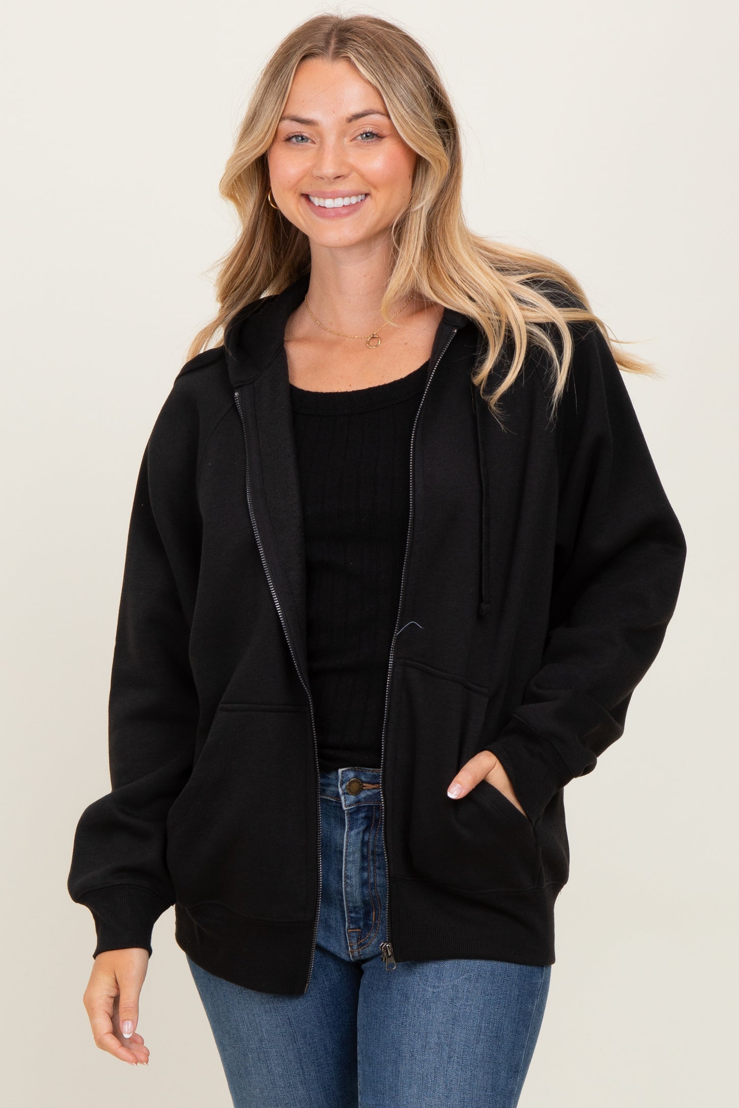 Black Front Zipper Hooded Sweater