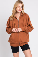 Camel Front Zipper Hooded Maternity Sweater