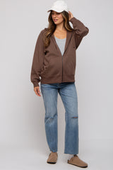 Brown Front Zipper Hooded Maternity Sweater