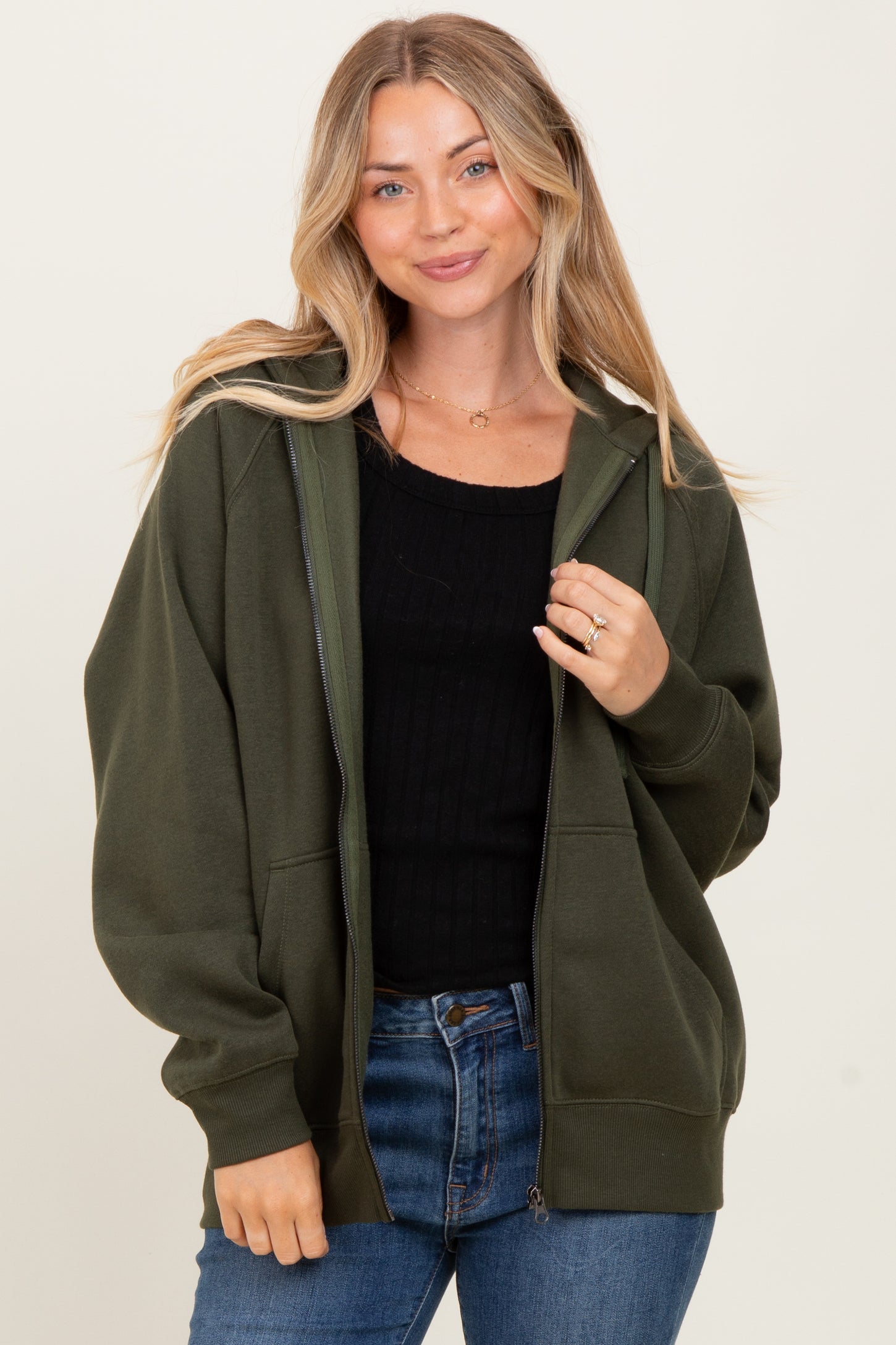 Olive Front Zipper Hooded Maternity Sweater