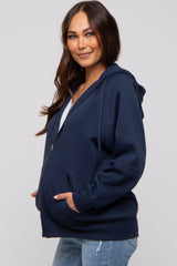 Navy Front Zipper Hooded Maternity Sweater