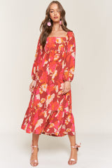 Rust Floral Square Neck Long Sleeve Maternity Midi Dress