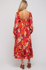 Rust Floral Square Neck Long Sleeve Maternity Midi Dress