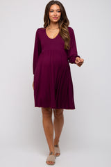 Burgundy Long Puff Sleeve Maternity Dress