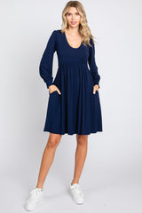 Navy Long Puff Sleeve Maternity Dress