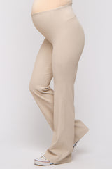 Cream Ribbed Maternity Flared Leggings