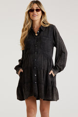 Charcoal Button Down Tiered Long Sleeve Maternity Dress